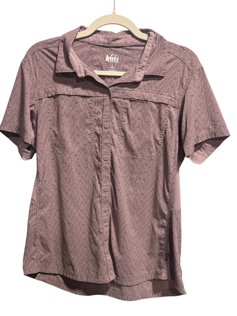 REI Coop Womens Short Sleeve Button-Up Shirt Size L Mauve Nylon Patterned Hiking